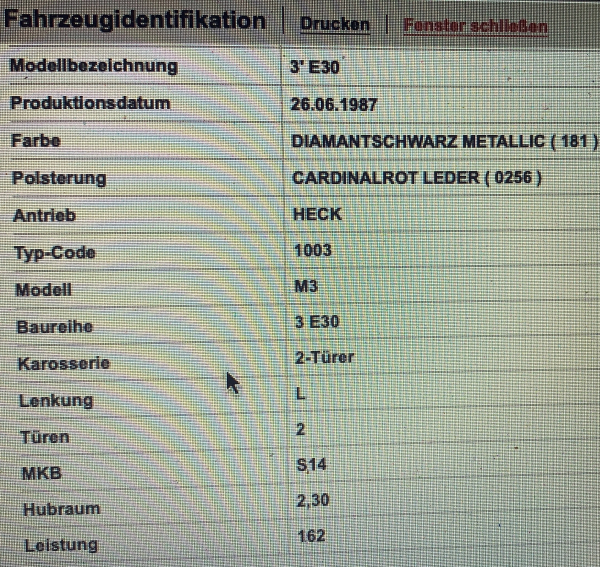 BMW M3 E30 Fahrzeugbrief S14 Registrierung KFZ Brief  220PS Baujahr 1987 mit SSD